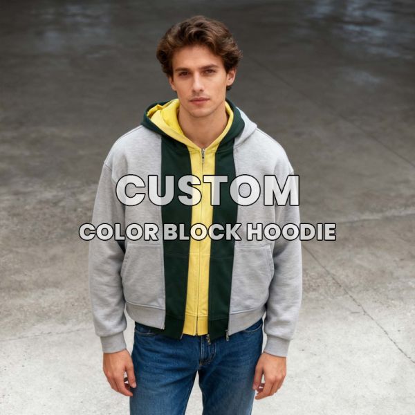 Men’s Color Block Layered Zip-Up Hoodie | Grey Green Yellow Panel Design | Oversized Streetwear