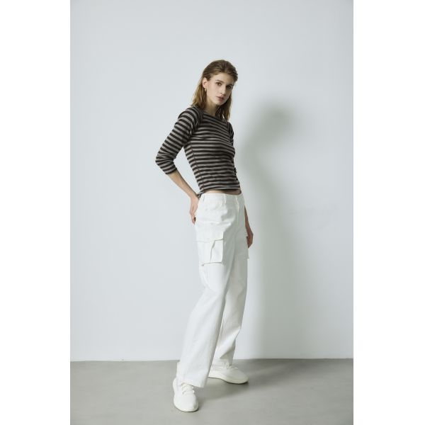Striped Wool Base Layer Three Quarter Sleeve Cropped Base Layer Wool Pullover Shirt