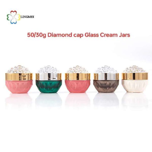 Luxury Diamond Lid Glass Cream Jar 30g 50g for Cosmetic Packaging