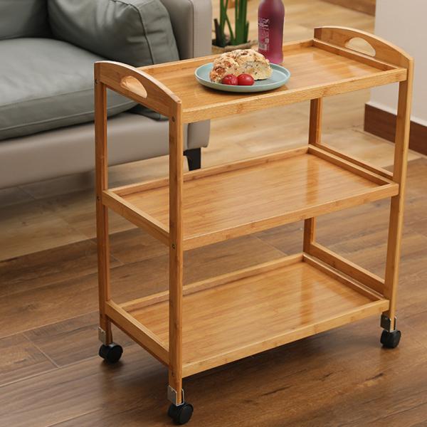 Functional Design Bamboo Kitchen Storage Trolley with 3 Finishing Shelves and Wheels
