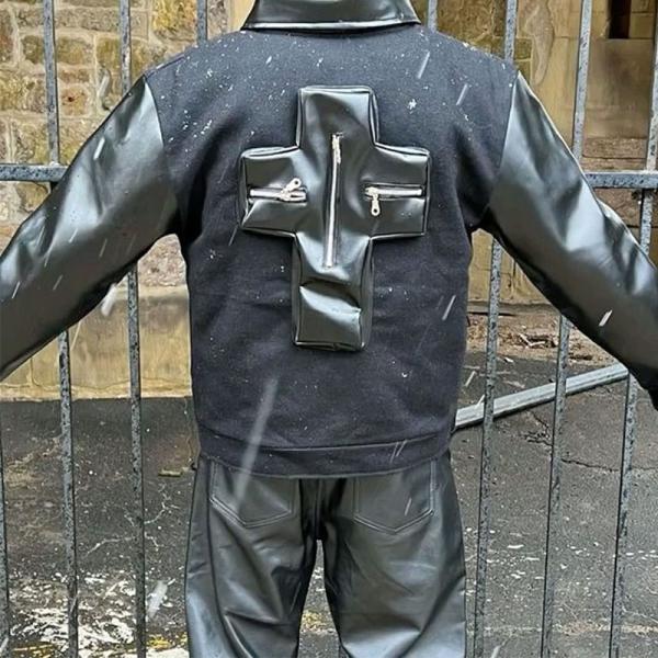 Vintage Leather Tracksuit Mens Zip Up Retro Multiple Pockets Letter Embroidery Bomber Jacket