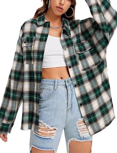                  Women′s Flannel Plaid Shirts Button Down Regular Fit Long Sleeve Casual Shirts Pure Cotton Oversized Blouse             