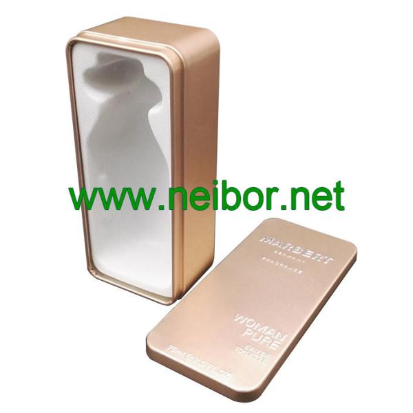 Accept Custom Order Rectangular Shape Metal perfume Gift can Women Fragrance Tin Box with flocked tray embossing Logo