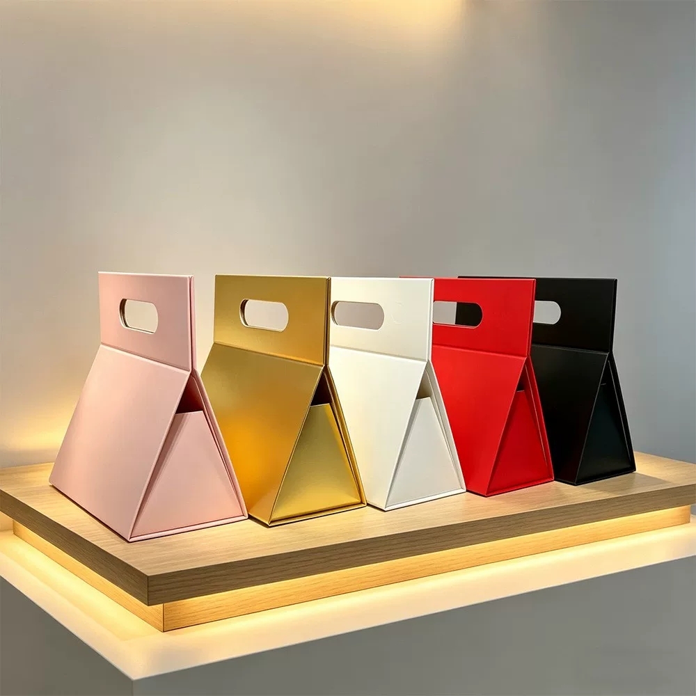 Triangular Foldable Rigid Gift Boxes With Magnetic Closure And Cutout Handles
