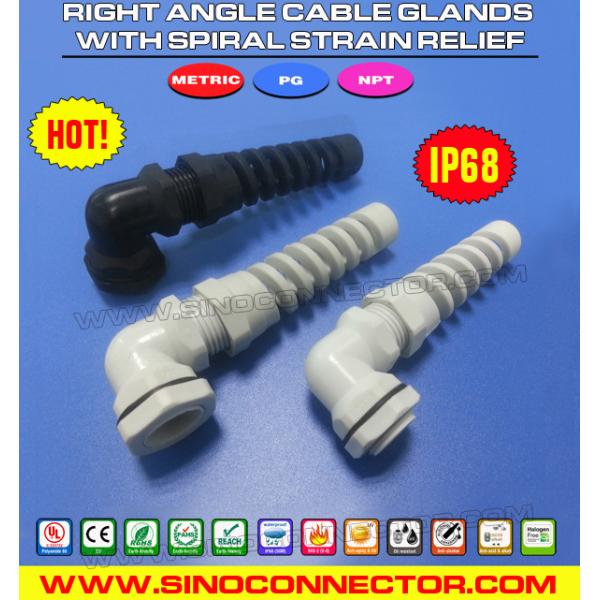 Prensaestopas de codo en plástico nailon (ángulo recto) PG y métrico IP68 con protector flexible espiral