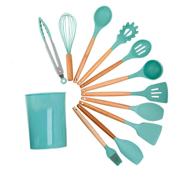 18-Piece Green Silicone Cookware Set with Storage Bucket Non-stick Spatula Included