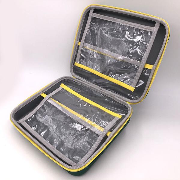 Medical Grade First Aid Kit Featuring EVA Hard Shell Case with Mesh Pocket Strap Lanyard and Metal Zipper Pull for Secure Storage