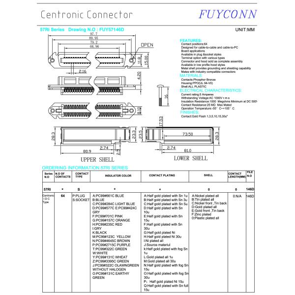 90 разъём-розетка чемпиона IDC Pin Centronic степени TYCO 64 для кабеля RJ21