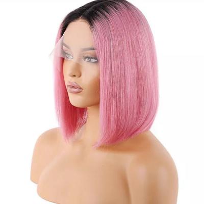 Short Bob 13x4  Lace Front Wig Human Hair Wig Ombre Pink Straight Wig Natural Remy