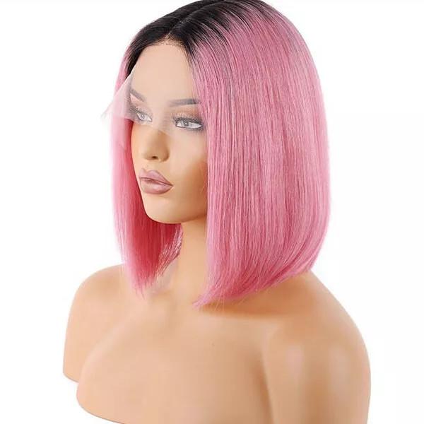 Short Bob 13x4  Lace Front Wig Human Hair Wig Ombre Pink Straight Wig Natural Remy