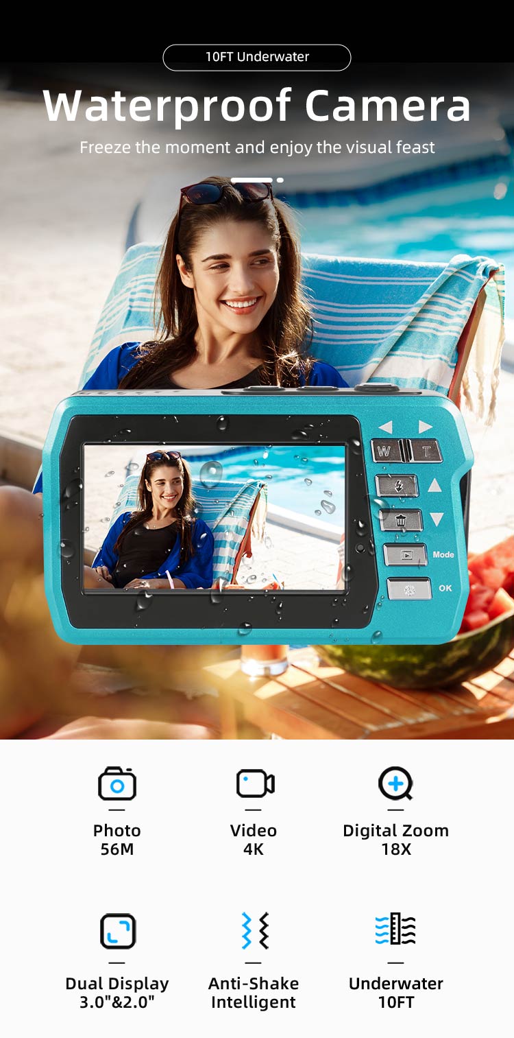 4K Waterproof Digital Camera 56MP Dual Screen 18X Zoom 10FT Underwater Camera for Diving Snorkeling Sports Camera