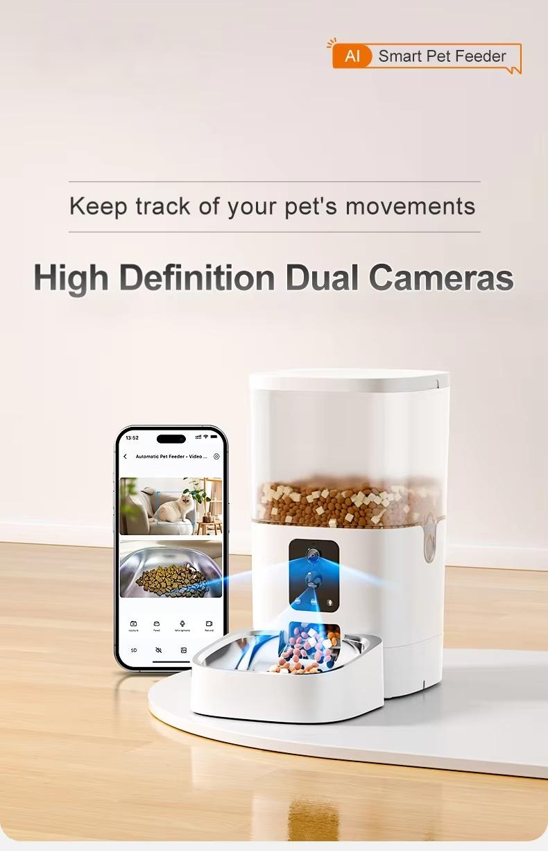 Intelligent Dual Camera AI Feeder for Cat and Dog Solid Pattern Automatic Food Chaser with Eco-Friendly Battery Charging Source