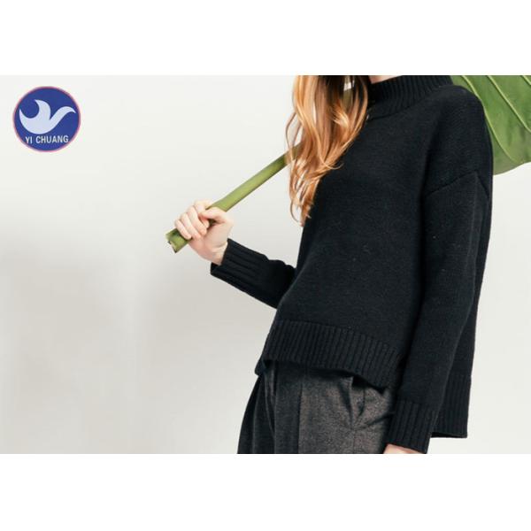 Winter Turtle Neck Ladies Thick Woolen Jumpers , Black Wool Sweater Womens Full Sleeves 