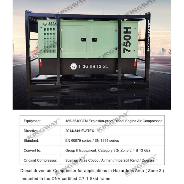 185CFM 6.9Bar Explosion-proof ATEX Zone 2 Diesel Engine Sullair Air Compressor with DNV2.7-1 Lifting Frame