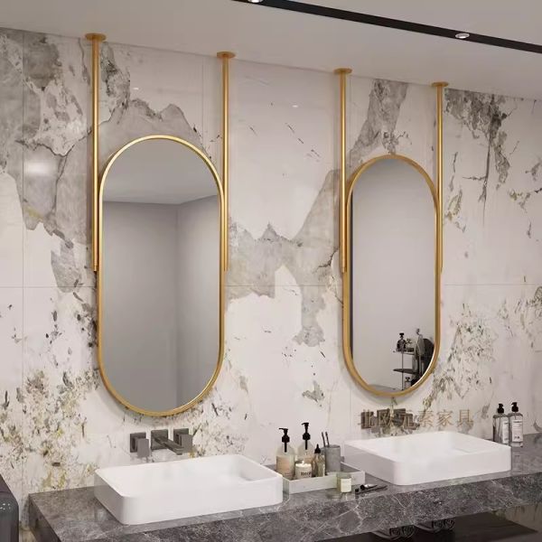 Hotel-Grade Oval Double Rod Suspended Stainless Steel Frame Bathroom Ceiling Mirror Rectangle IP44 Modern Touch Switch for Villa