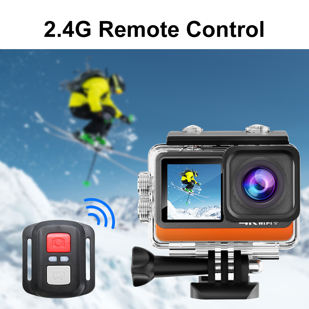 4K Waterproof Sports Action Camera with 170 Wide Angle Dual Touch Screen WiFi 30m Housing 2.4G Remote Control for Outdoor Use