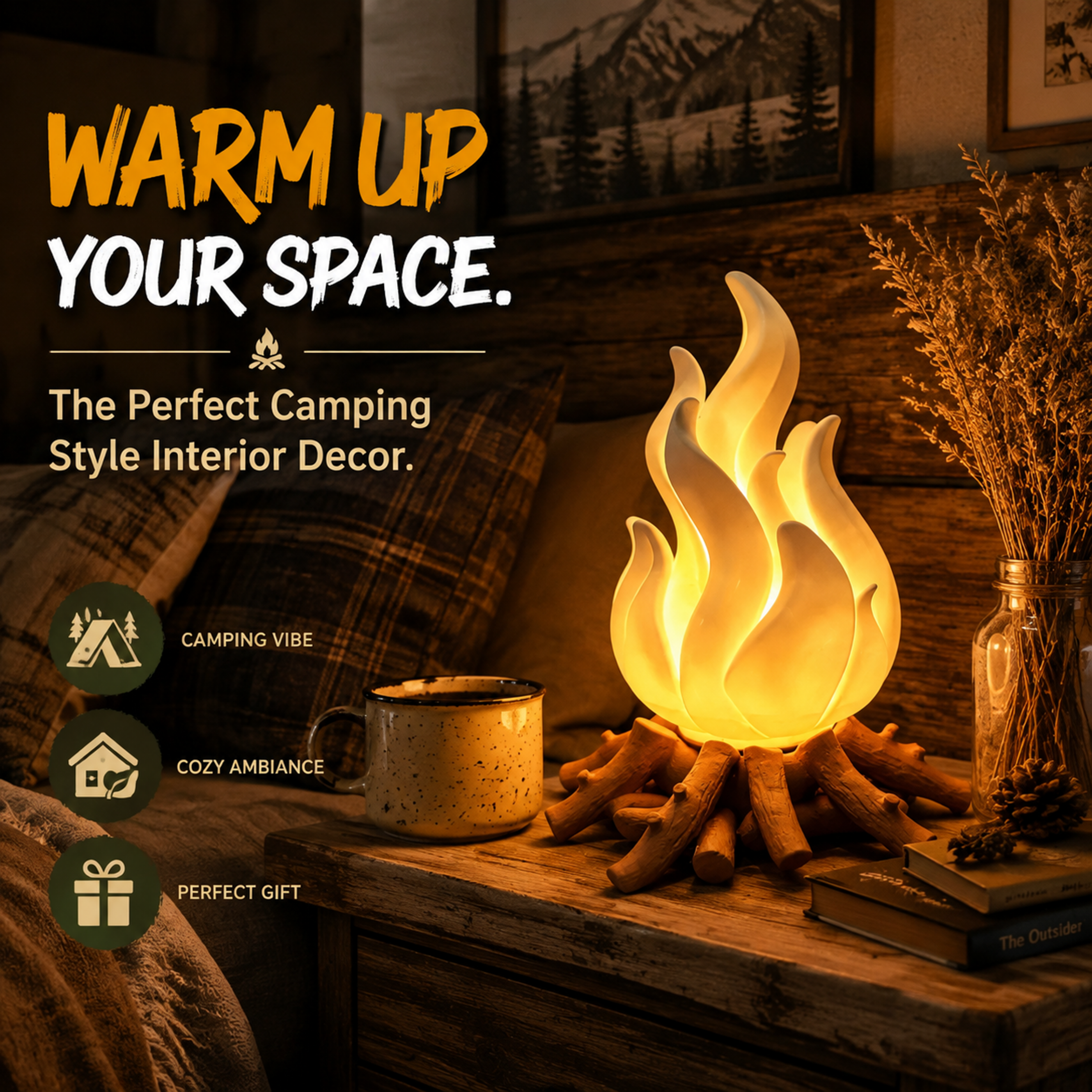 Campfire Flame 3D Printed Lighting Fixtures, Warm LED Table Night Light