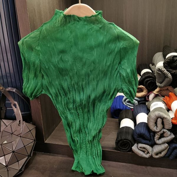 Summer New Thin Satin T-Shirt for WomenTexture High-End Casual Style Short Sleeve Half-High Collar Slightly Sheer Base