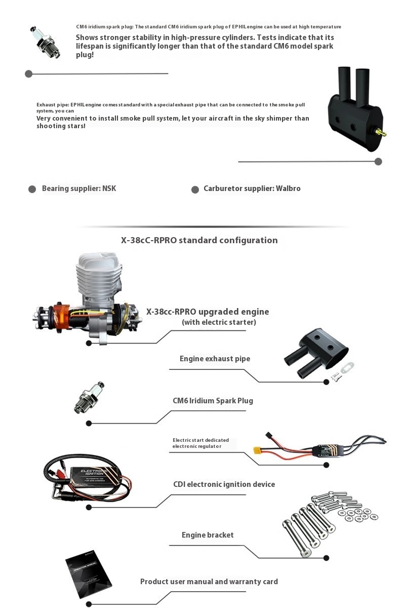 X-38Cc-R Pro Model Single Cylinder Two-Stroke Aircraft Engine Gasoline with Electric Start Rear Fixed Wing-Metal Material