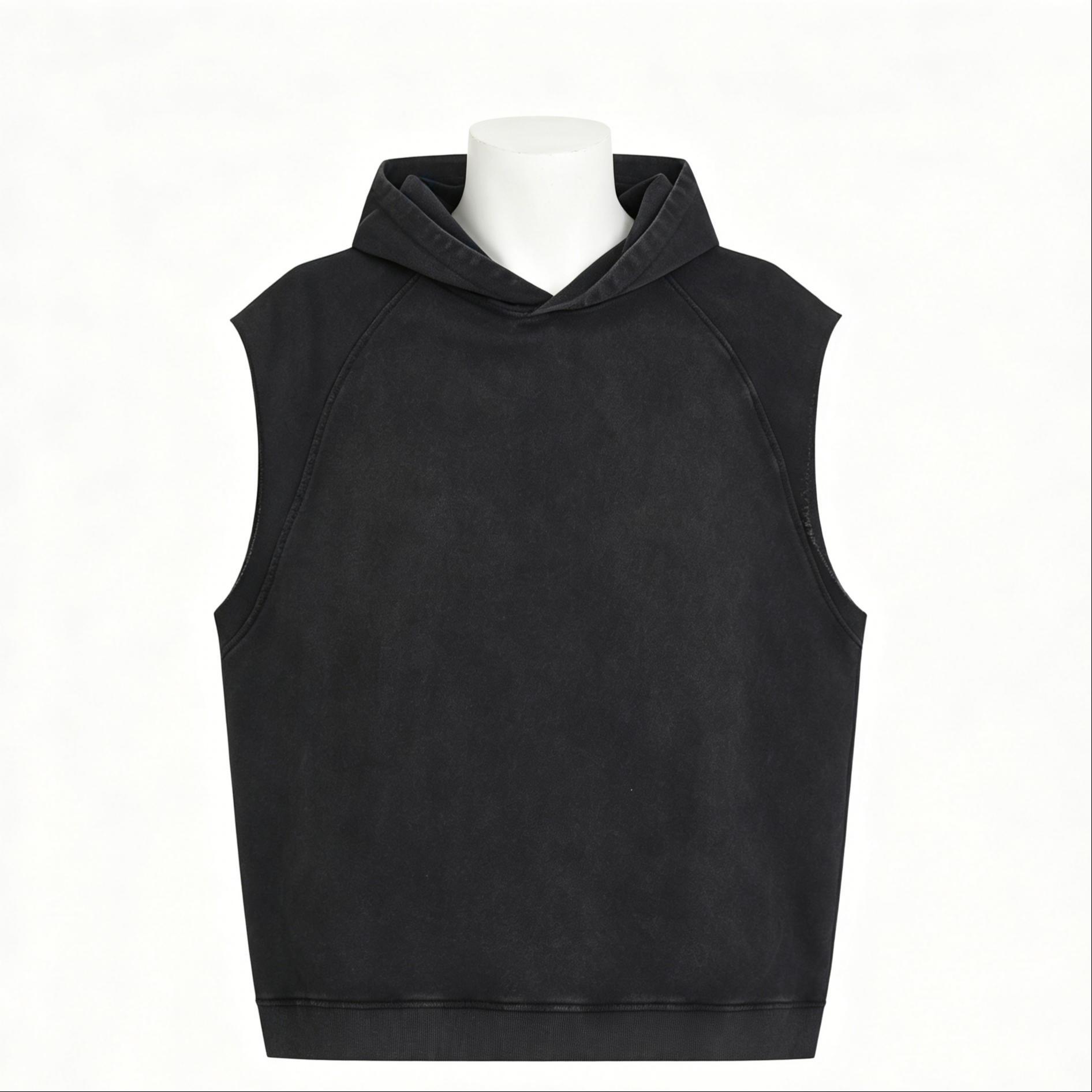 Vintage Washed Cotton Sleeveless Hoodie 220GSM Mens Gym Tank Top Casual