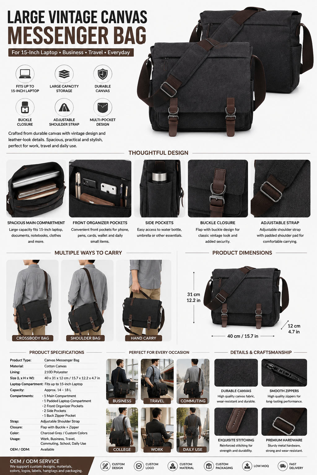 Vintage Canvas Messenger Bag for Men, Large 15-Inch Laptop Shoulder Briefcase with Multi-Pocket Storage for Business, Travel, Work & Everyday Use