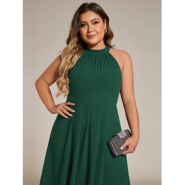 Sexy A-line Sleeveless Halter Neck Wedding Guest Dress Dark Green Chiffon Graduation Dresses