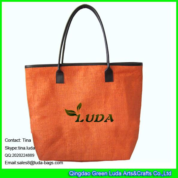 LUDA brown leather handles handbag paper straw beach pomotion shopping bag