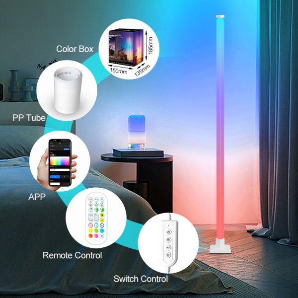 DIY Adjustable RGBIC Floor Lamp Smart Corner Lighting Music Sync Dimmable LED Modern RGB Floor Lamps ABS PP Construction