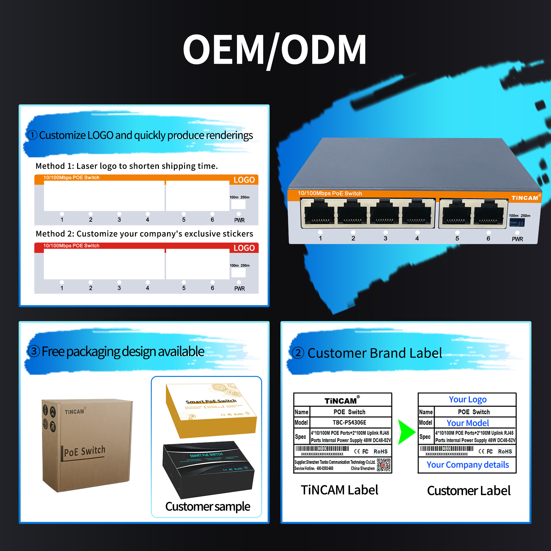 4 Port 10/100Mbps PoE+ Switch with 2 Uplink Ports 48W External Power Adapter IEEE 802.3af/at 250m Extend Mode VLAN– TBC-PS4306E