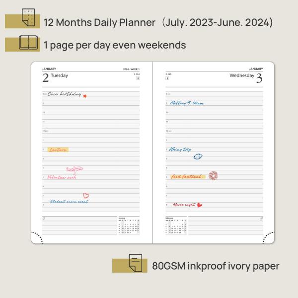 July 2023 June 2024 Hardcover Academic Daily Planner A5 80GSM FSC Certified Paper