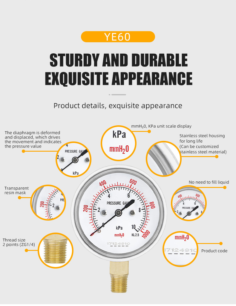 2.5 Inch NPT1/4 Gas Capsule Pressure Gauge with 0-60mbar/kpa Range from Zhejiang