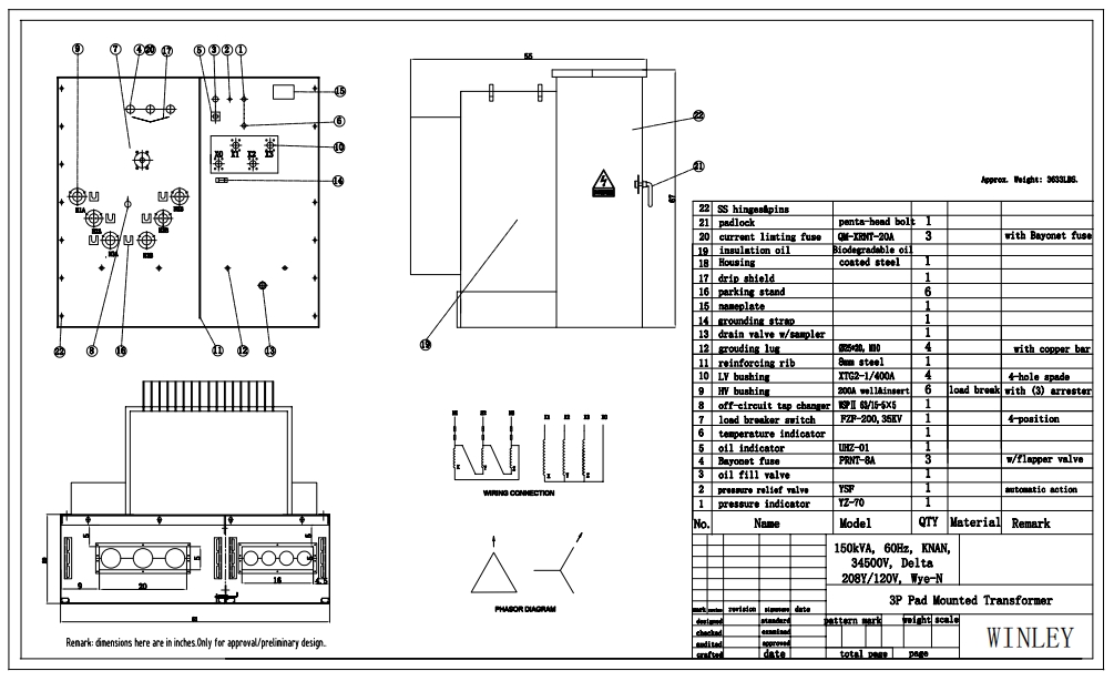 150kva Трехфазный трансформатор 34500v до 208y/120v Стандарт IEEE/ANSI 304 из нержавеющей стали