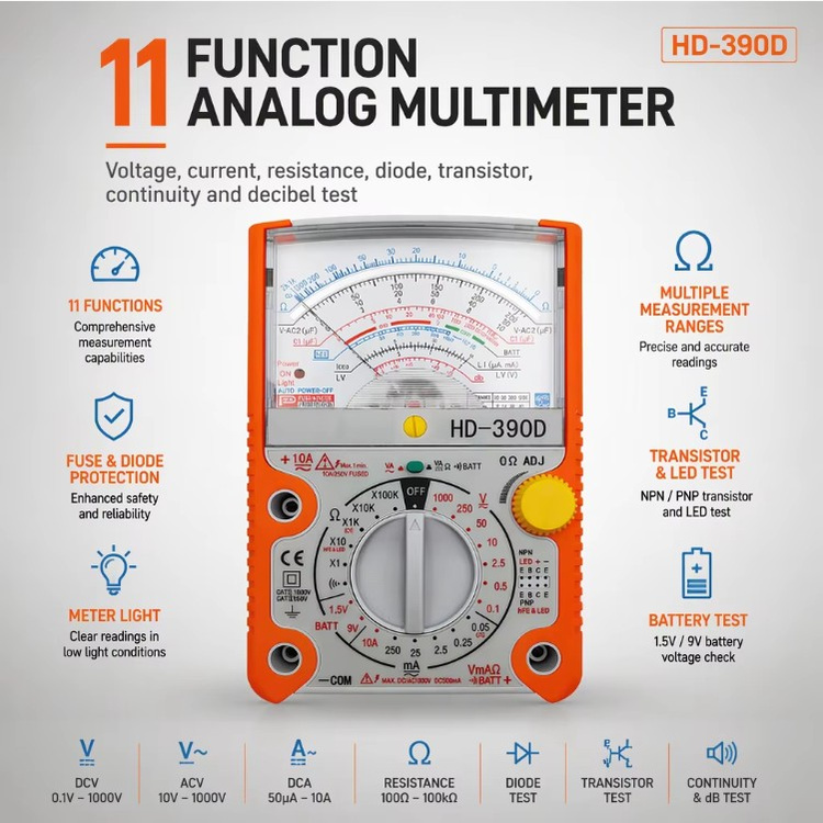 IMHOO HD-390D Analog Pointer Multimeter AC DC Voltage 10A Auto Off Multi Meter Multimetro Shockproof Appliance Repair ODM CE