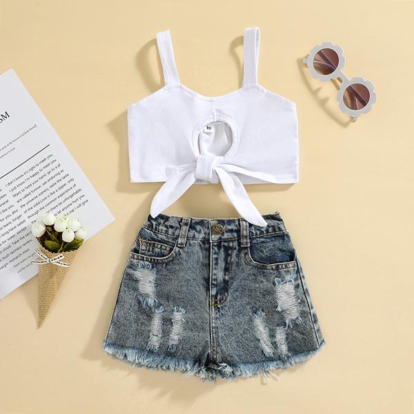 85cm 33in Summer Children'S Outfit Sets For Toddlers Vest Denim Skirt