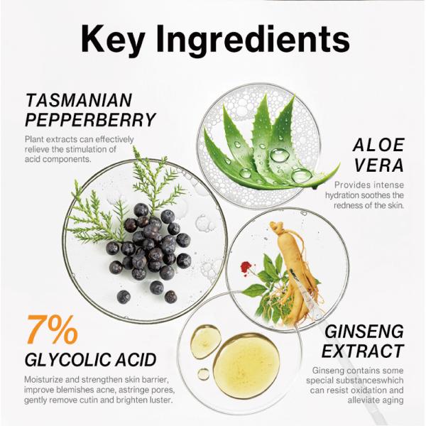 Vente à chaud 7% d'acide glycolique tonique exfoliant élimination de l'acné tonique de soins de la peau du visage tonique de marque privée tonique exfoliant glycolique