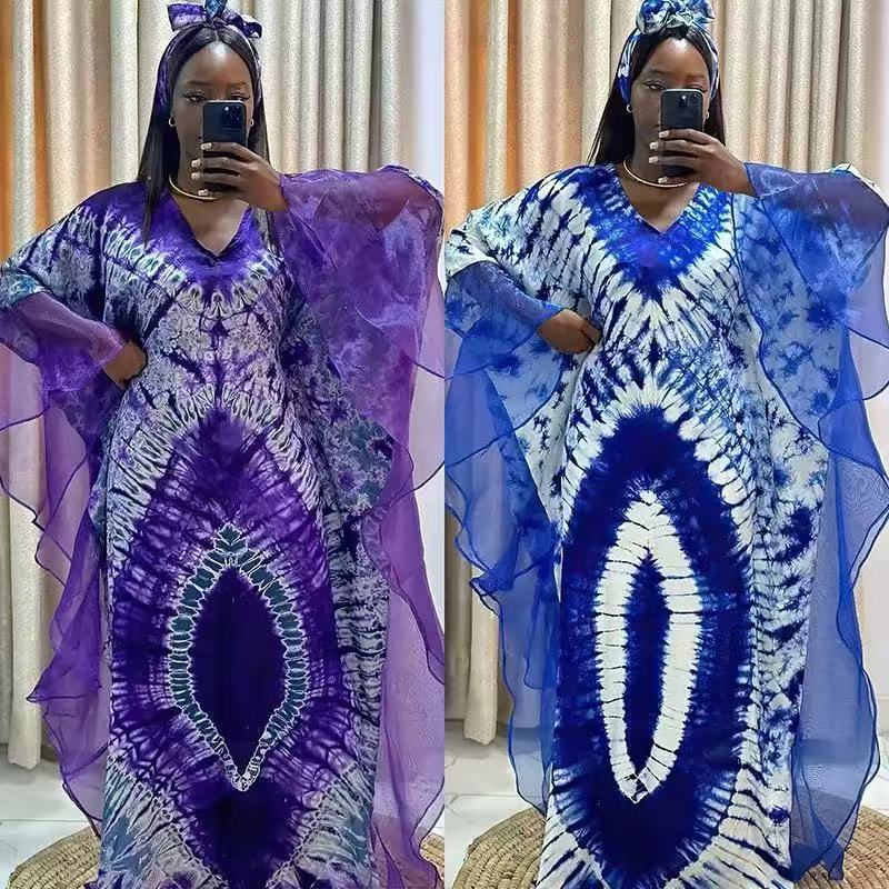 Women’s African Print Chiffon Kaftan Dress with High-Waist Design for Elegant Casual Wear