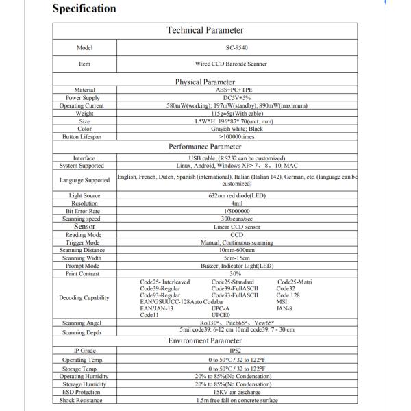 Terminal de dados de computador móvel com longa duração do botão e escâner CCD com fio