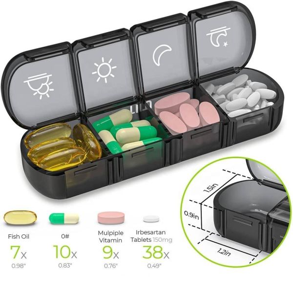 JH Medibox Portable 7 Day 28 Compartments Black PP Plastic Weekly Pill Organizer Large Capacity Travel Container