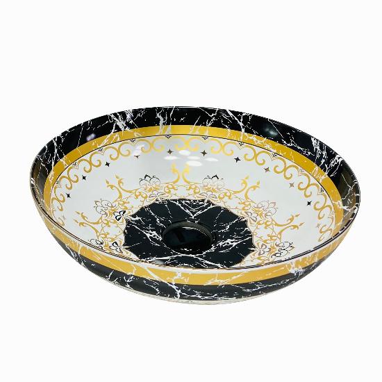 Round Shape Ceramic Basin Vanity Top Gold Color Vessel Decorative Bathroom Durable Lavatory