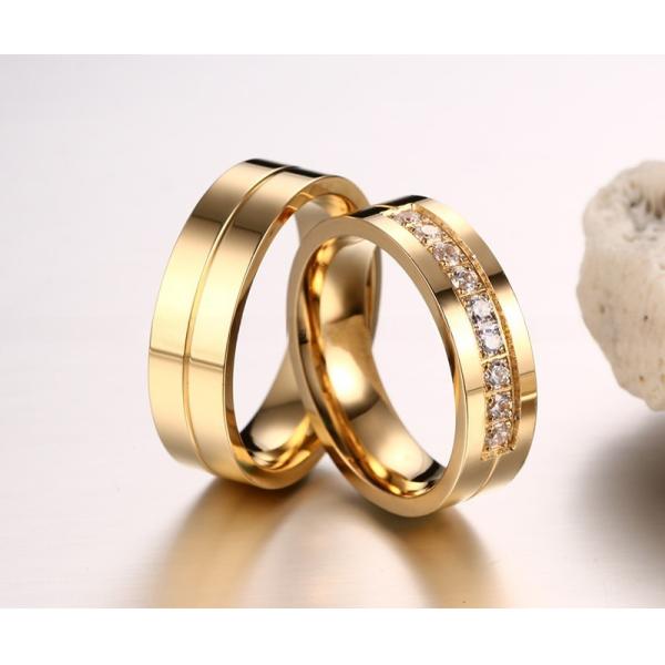 Anneaux de mariage en acier inoxydable de 6 mm avec incrustation de pierre CZ plaqué en or
