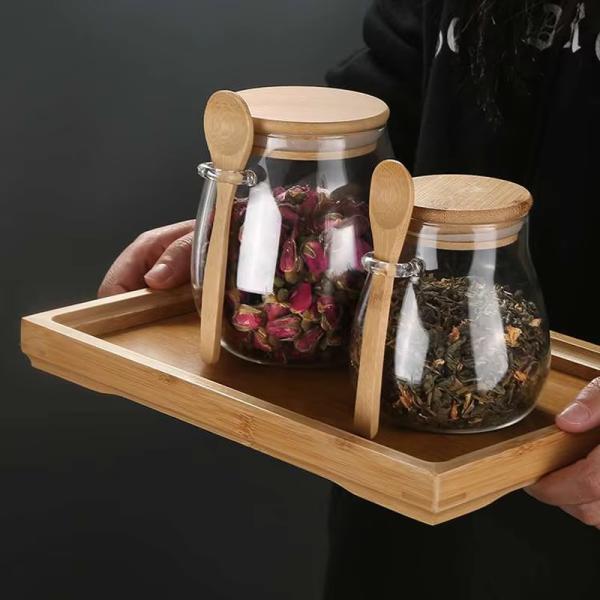 Minimalist Design Borosilicate Glass Canister Spice Jar With Bamboo Lid Spoon