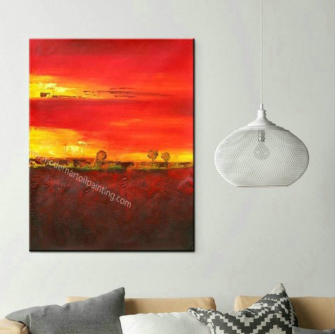 100% Handmade Abstract Textured Red Yellow Oil Painting on Canvas Modern Nordic Wall Art for Interior Decoration