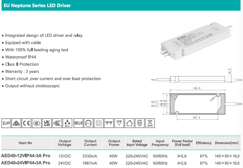 40W 24V Waterproof IP44 LED Driver with Cables for Mirror LED Lighting