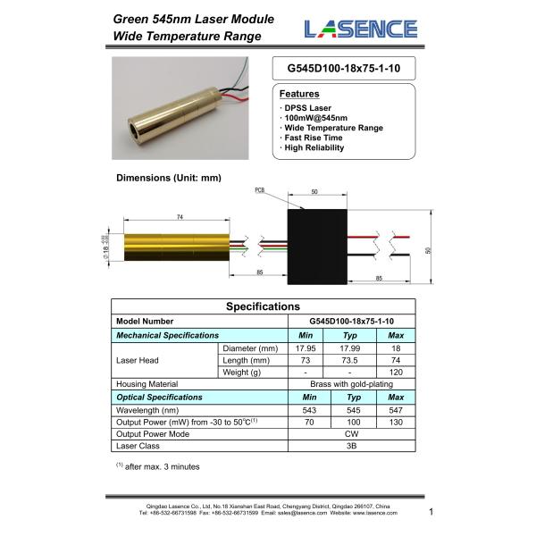 High Stability Output Power Adjustable Green Laser Module 50mW 100mW Dot DPSS Module
