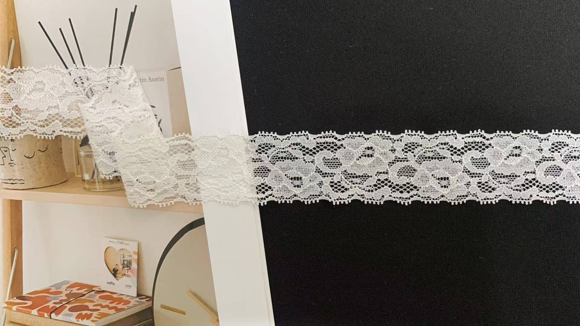 3.5cm Vintage Floral Elastic Lace Trim with Fine Hollow Nylon Mesh for Lingerie, Blouses & Women Dress Decoration
