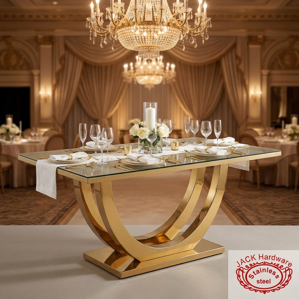 WENDING Gold U-Arch Leg Rectangular Dining Table – Glass Top Modern Hotel Banquet Table