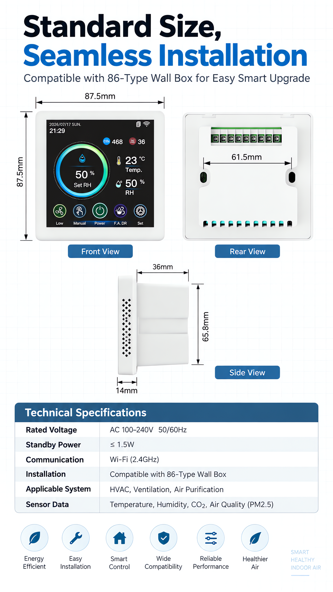 Indoor Microclimate Smart HVAC Controller with Fresh Air & Dehumidifier Combined Control and CO2 PM2.5 Humidity Monitor