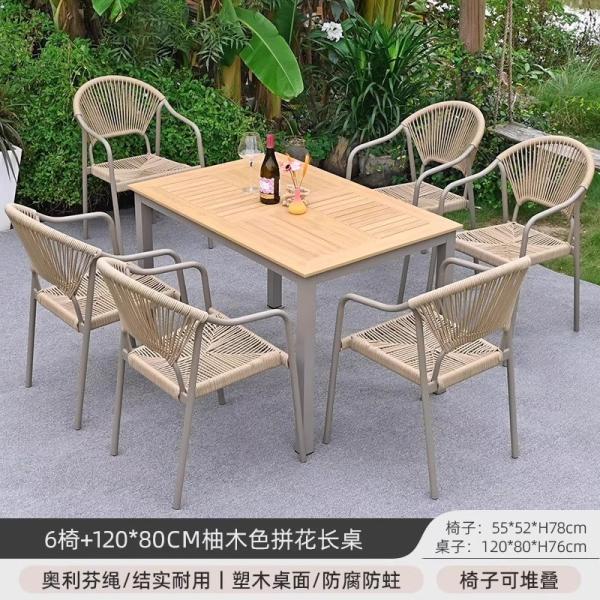 Patio exterior Villa sillas y mesas Jardín Balcón al aire libre Ocio Muebles de comedor de ratán Conjunto de mesa de madera de plástico