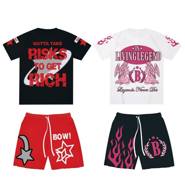 Casual Daily Life 2 Piece Set Mens Vintage Washed Acid Wash Sweat Shorts And T Shirts
