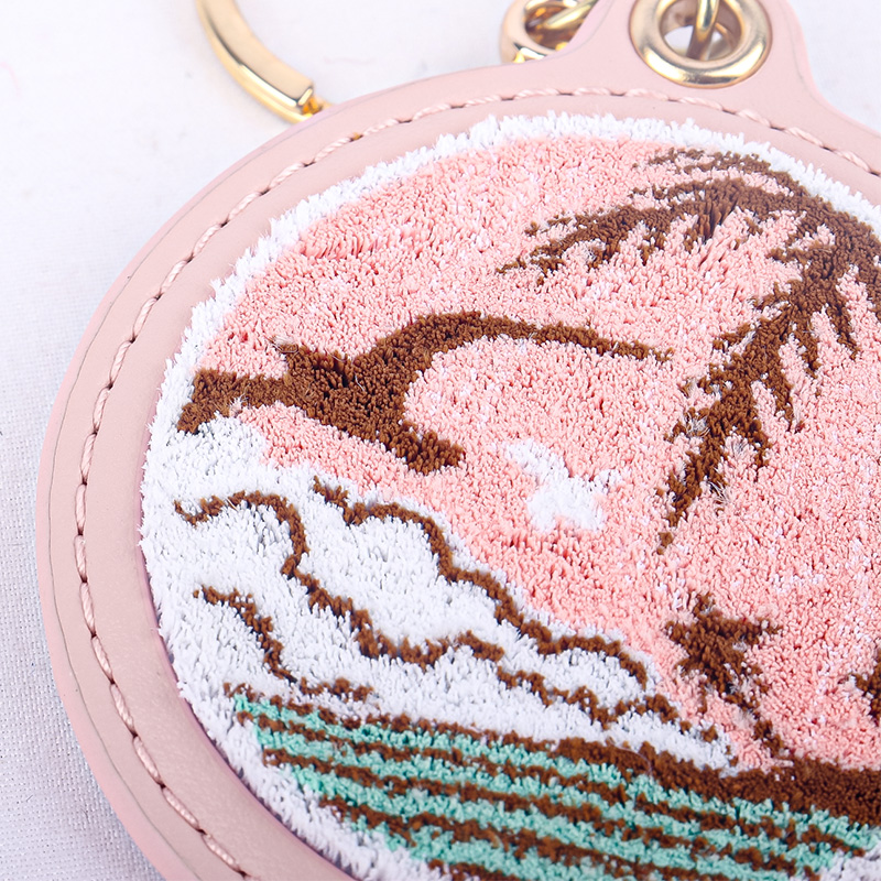 Toothbrush Embroidered Leather Key Ring Pink Island Scenery Premium Embroidery Keychain 3D High-Quality Double-Sided